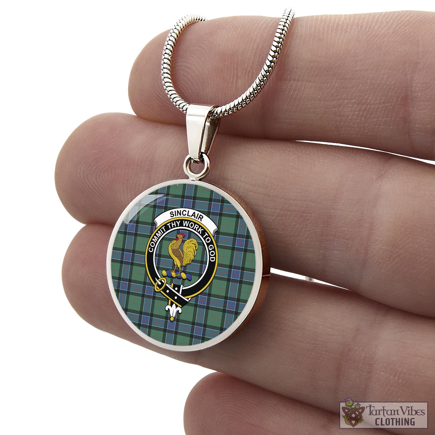 Tartan Vibes Clothing Sinclair Hunting Ancient Tartan Circle Necklace with Family Crest