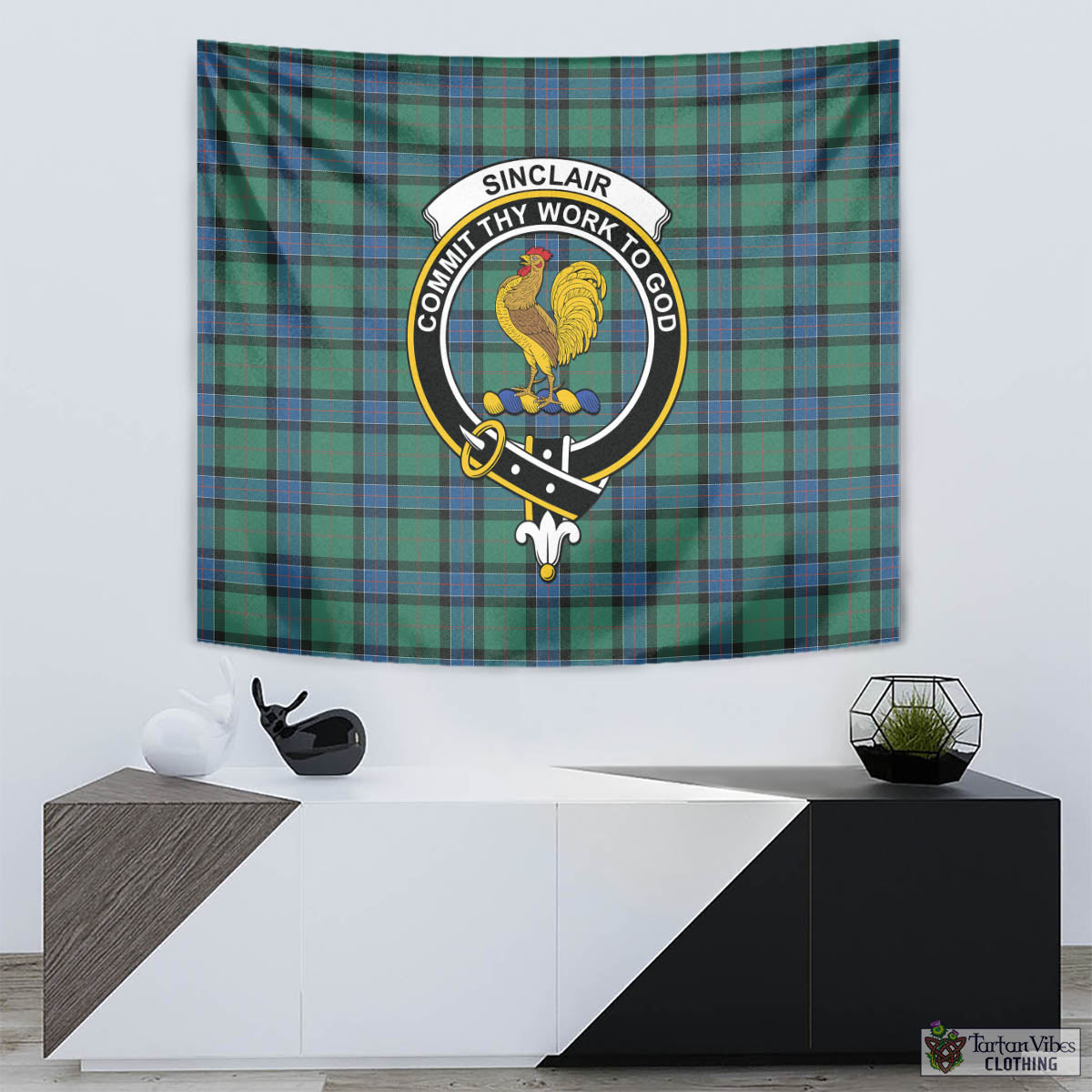 Tartan Vibes Clothing Sinclair Hunting Ancient Tartan Tapestry Wall Hanging and Home Decor for Room with Family Crest