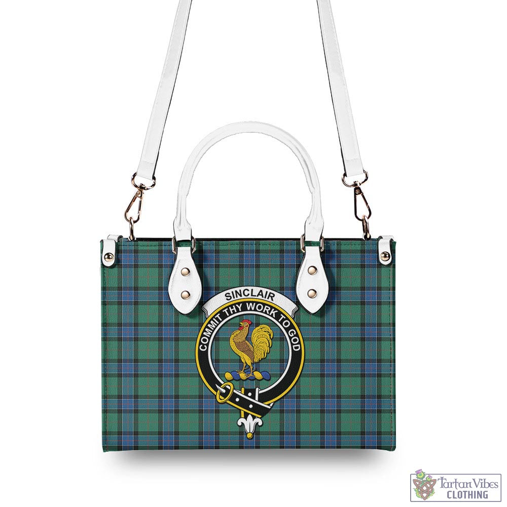 Tartan Vibes Clothing Sinclair Hunting Ancient Tartan Luxury Leather Handbags with Family Crest