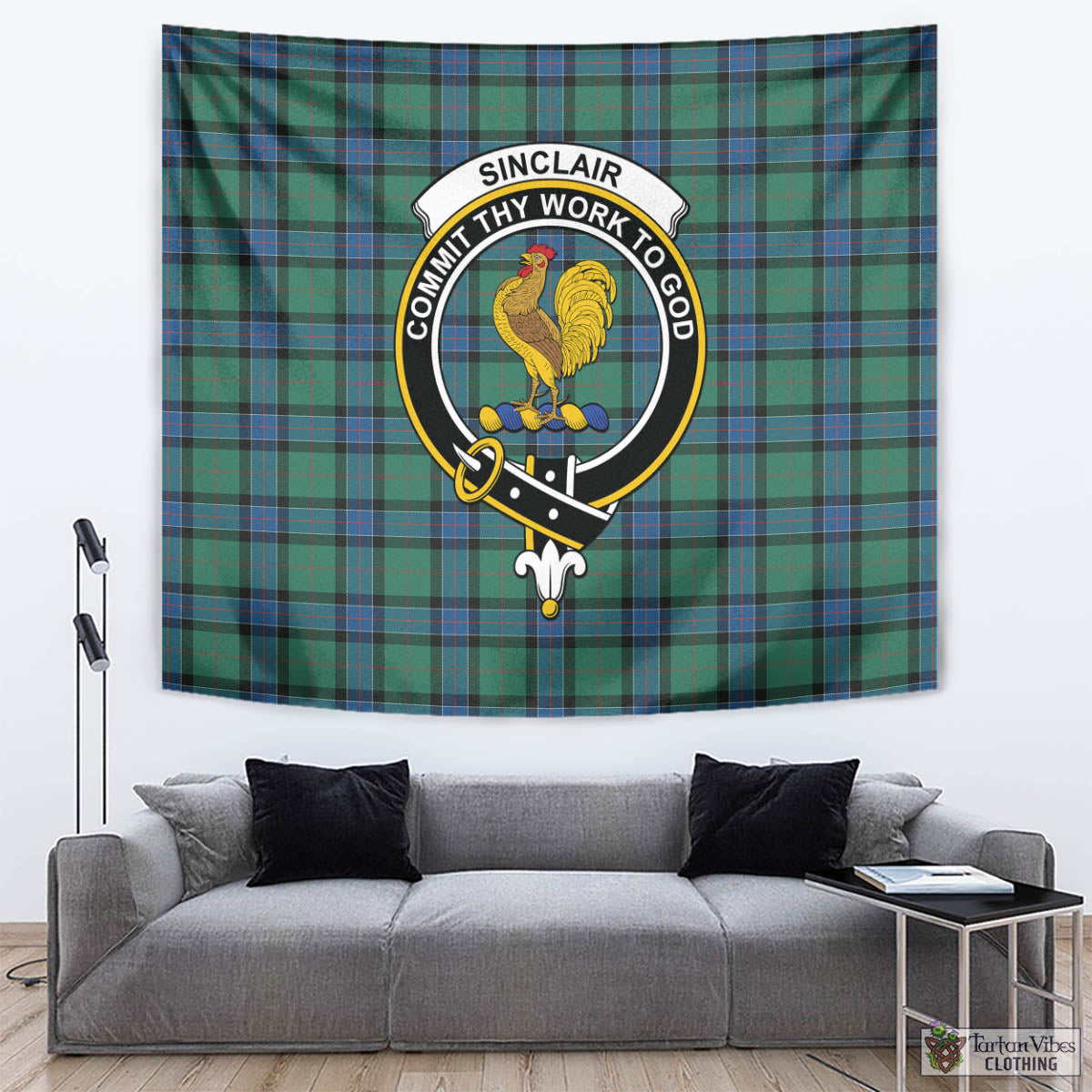 Tartan Vibes Clothing Sinclair Hunting Ancient Tartan Tapestry Wall Hanging and Home Decor for Room with Family Crest