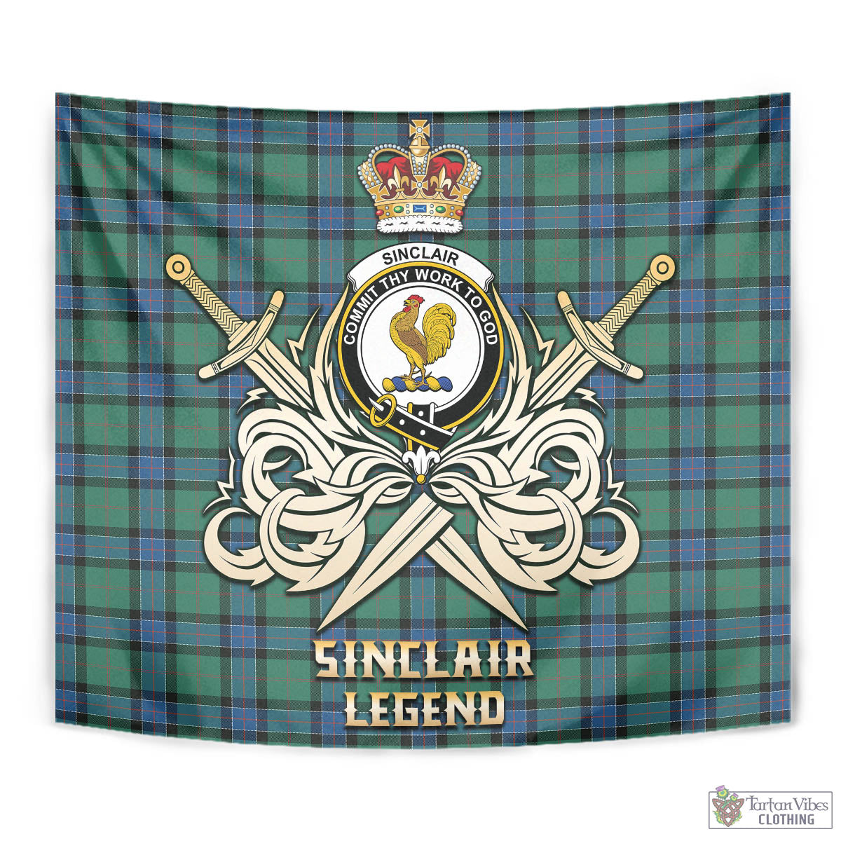 Tartan Vibes Clothing Sinclair Hunting Ancient Tartan Tapestry with Clan Crest and the Golden Sword of Courageous Legacy