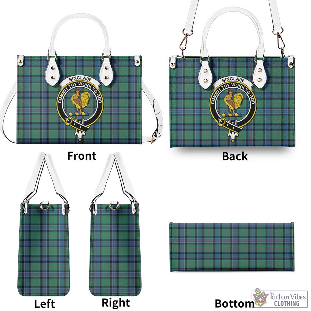 Tartan Vibes Clothing Sinclair Hunting Ancient Tartan Luxury Leather Handbags with Family Crest