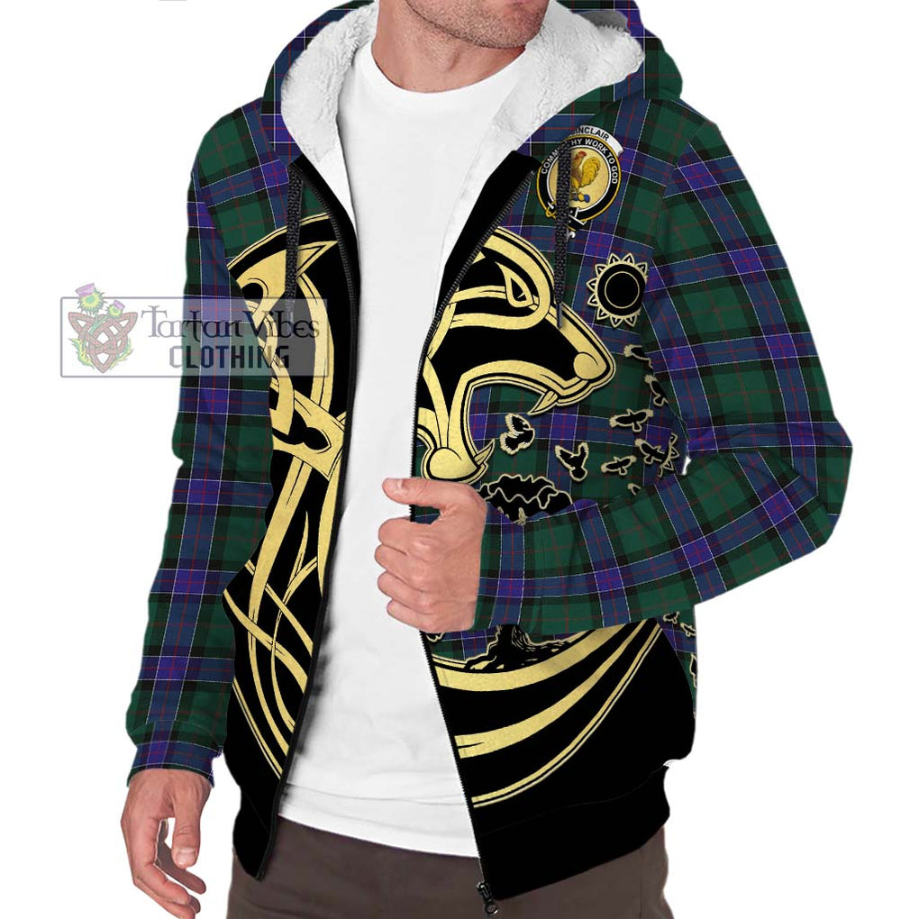 Sinclair Hunting Modern Tartan Sherpa Hoodie with Family Crest Celtic Wolf Style Unisex S - Tartan Vibes Clothing