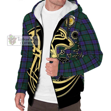 Sinclair Hunting Modern Tartan Sherpa Hoodie with Family Crest Celtic Wolf Style