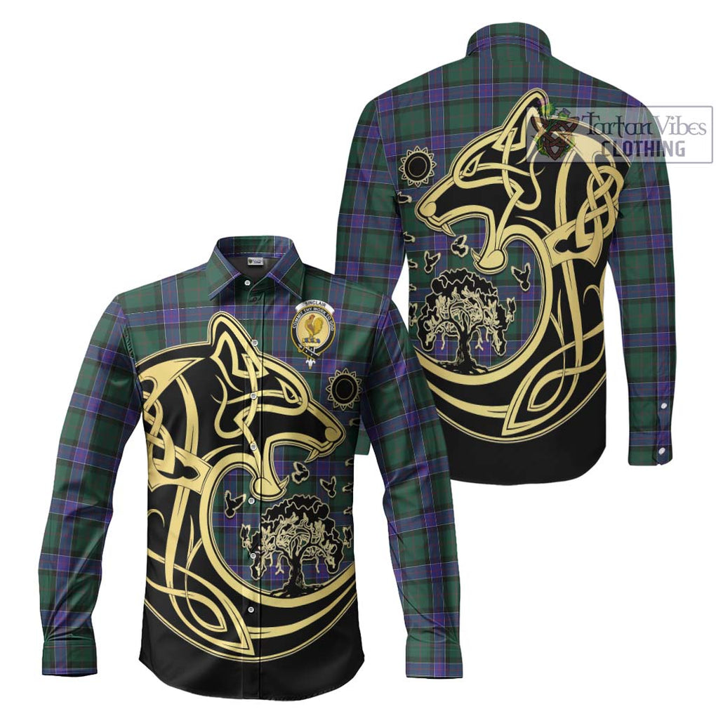 Sinclair Hunting Modern Tartan Long Sleeve Button Shirt with Family Crest Celtic Wolf Style Men's Shirt S - Tartan Vibes Clothing