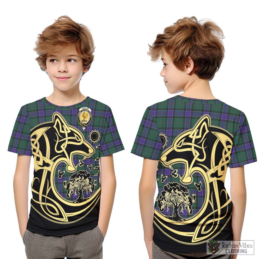 Sinclair Hunting Modern Tartan Kid T-Shirt with Family Crest Celtic Wolf Style Youth XL Size14 - Tartan Vibes Clothing