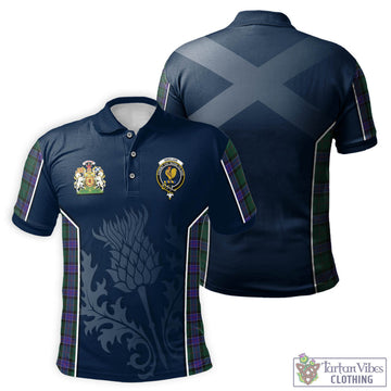 Sinclair Hunting Modern Tartan Men's Polo Shirt with Family Crest and Scottish Thistle Vibes Sport Style