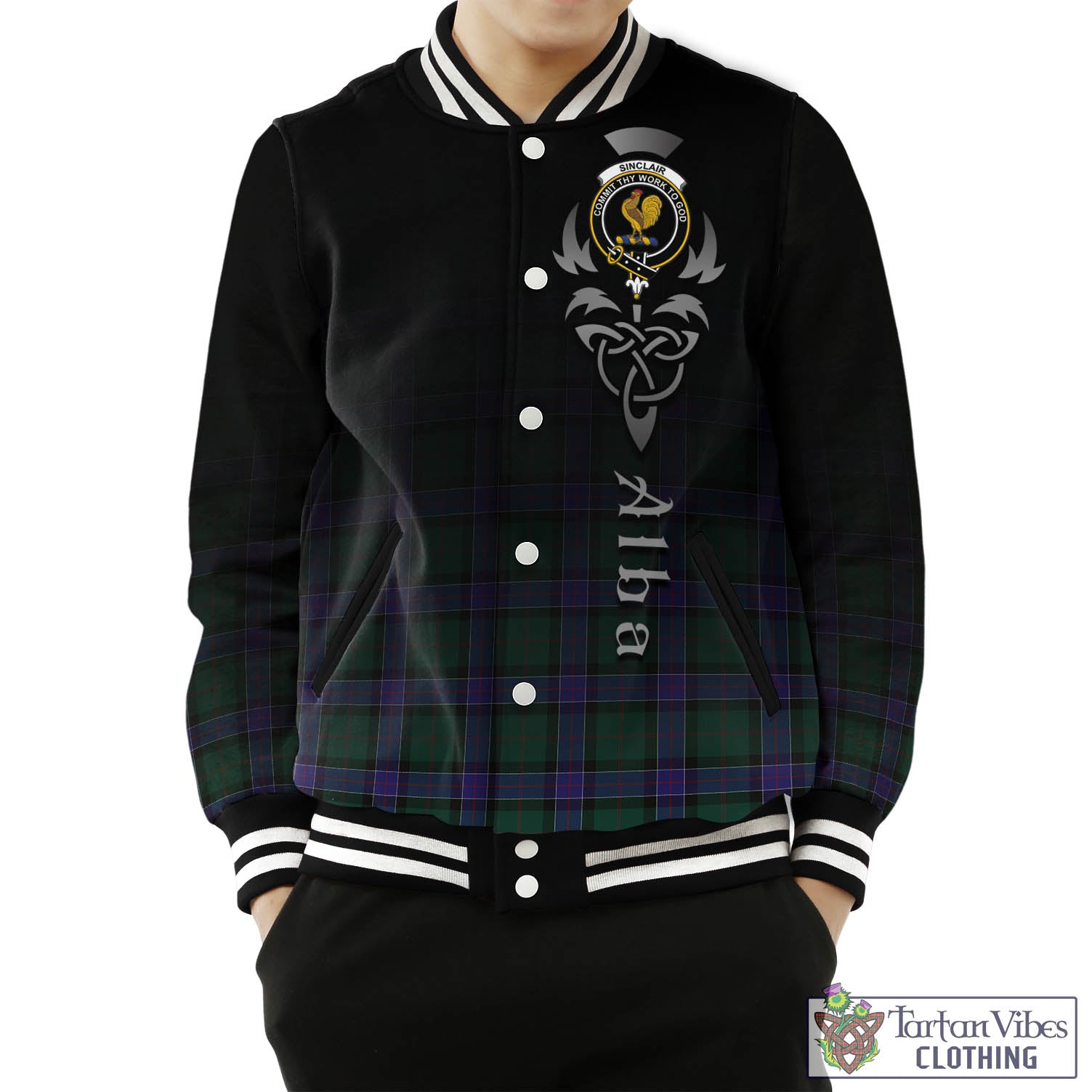 Tartan Vibes Clothing Sinclair Hunting Modern Tartan Baseball Jacket Featuring Alba Gu Brath Family Crest Celtic Inspired