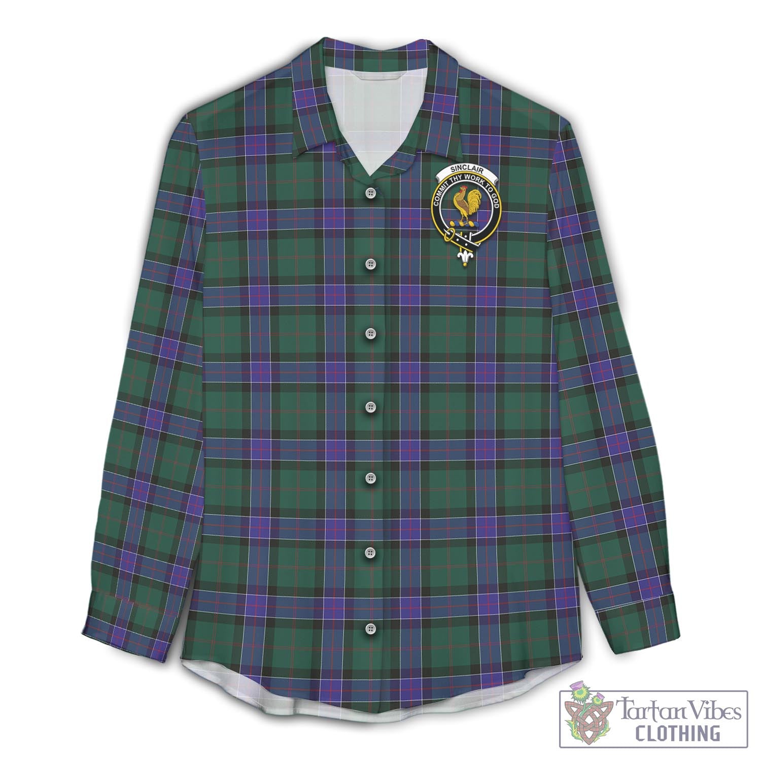 Tartan Vibes Clothing Sinclair Hunting Modern Tartan Womens Casual Shirt with Family Crest