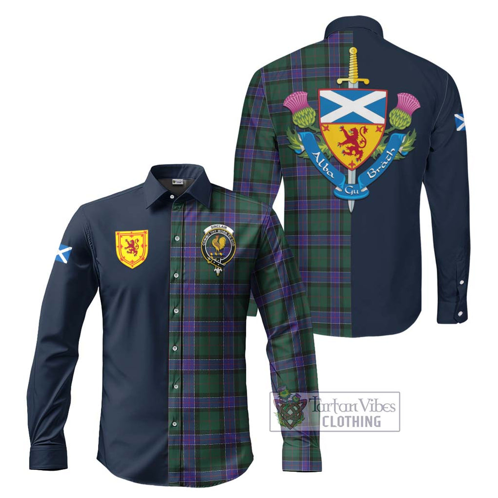 Tartan Vibes Clothing Sinclair Hunting Modern Tartan Long Sleeve Button Shirt with Scottish Lion Royal Arm Half Style