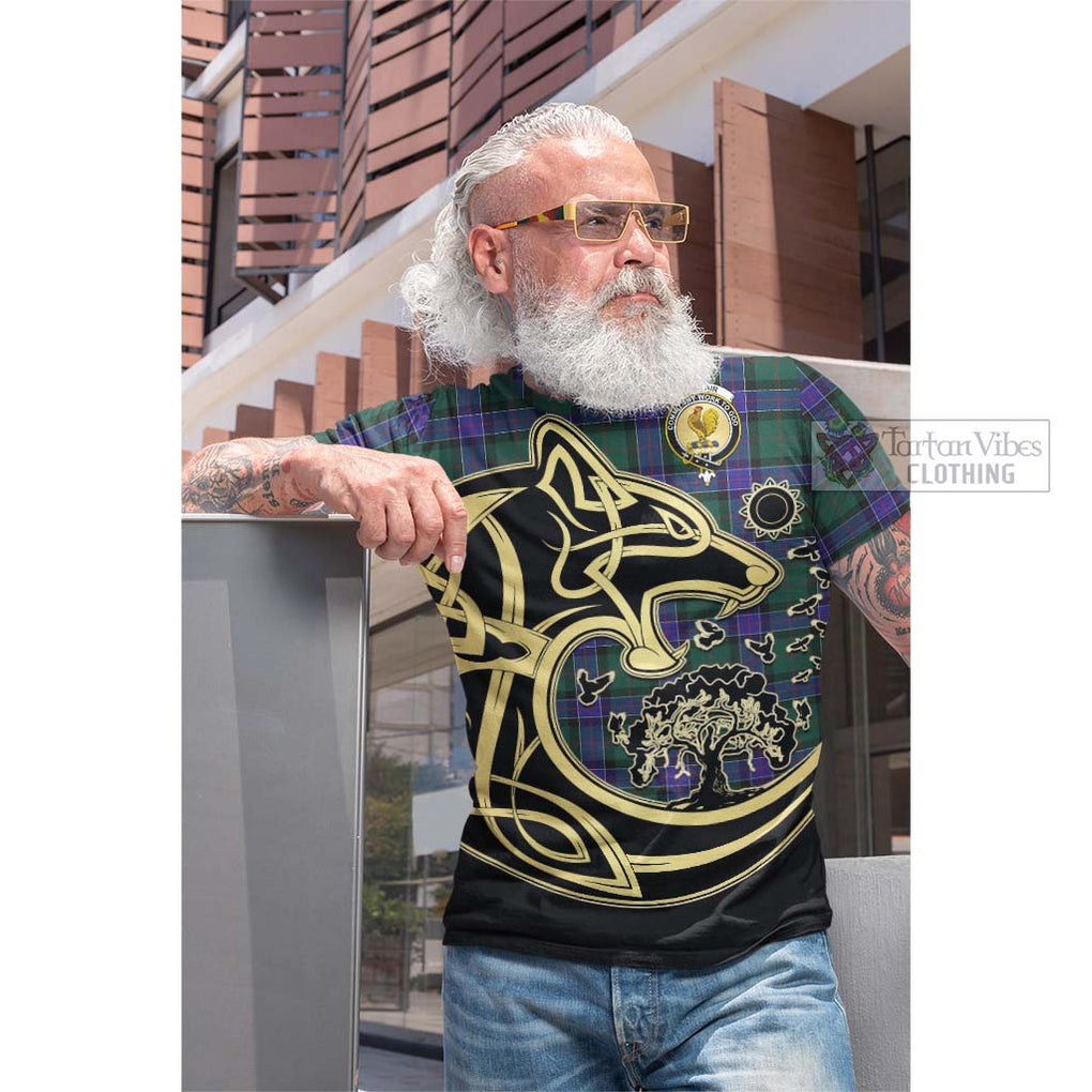 Tartan Vibes Clothing Sinclair Hunting Modern Tartan Cotton T-shirt with Family Crest Celtic Wolf Style