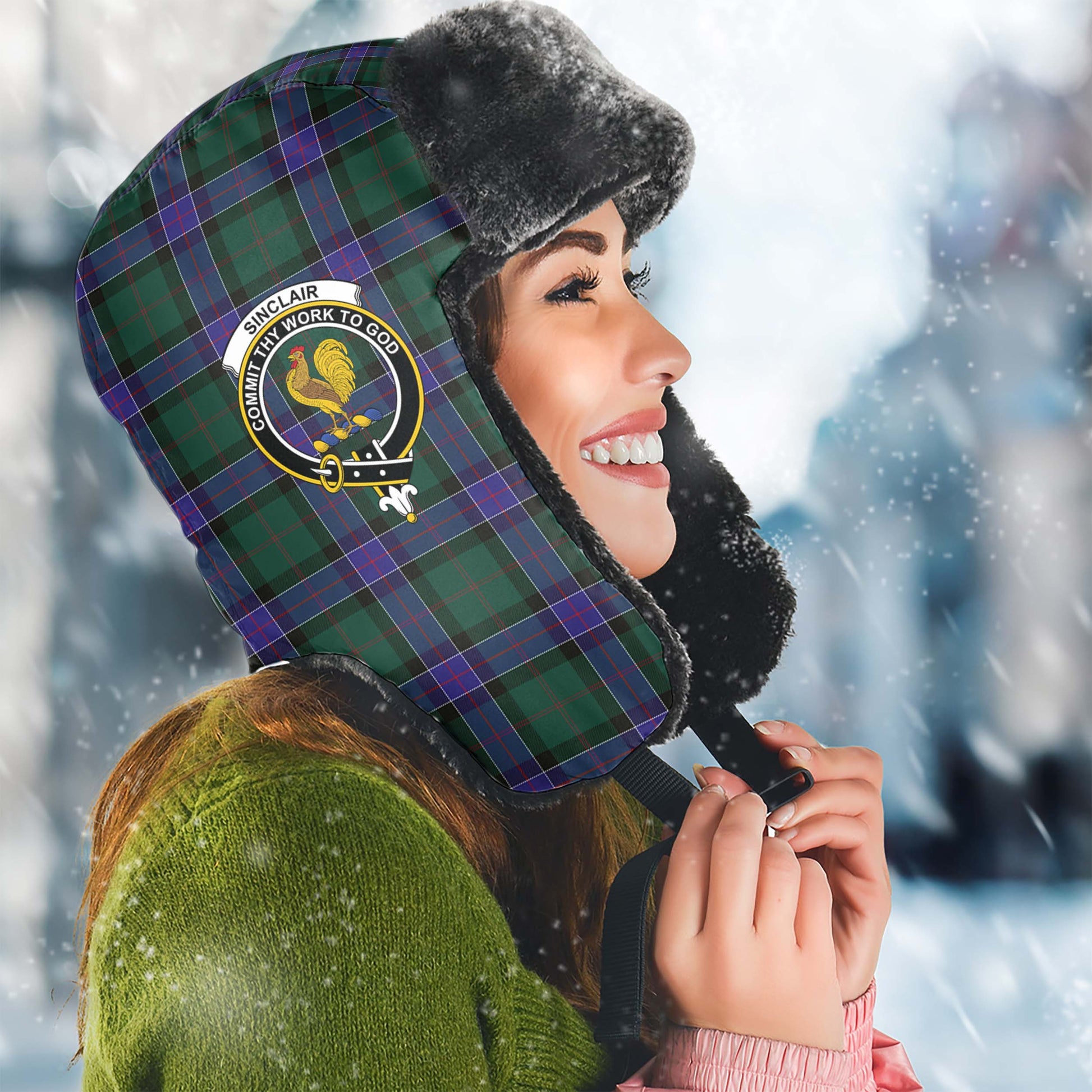 Sinclair Hunting Modern Tartan Winter Trapper Hat with Family Crest Winter Trapper Hat Universal Fit Circumference 22.8in (58cm) - Tartanvibesclothing