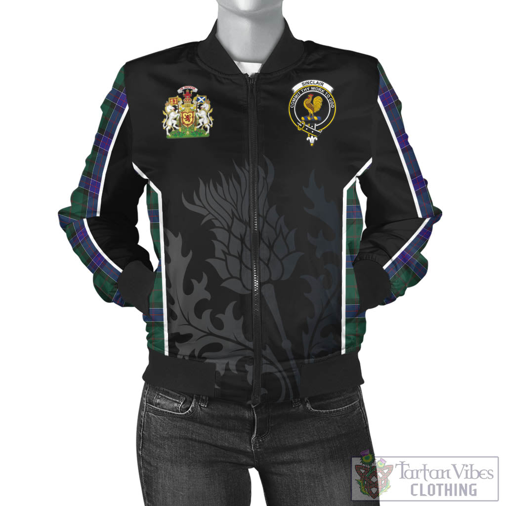 Tartan Vibes Clothing Sinclair Hunting Modern Tartan Bomber Jacket with Family Crest and Scottish Thistle Vibes Sport Style