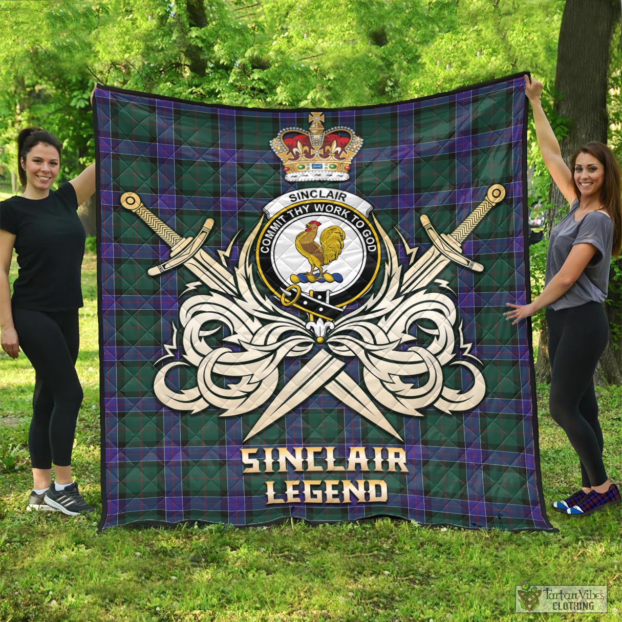 Tartan Vibes Clothing Sinclair Hunting Modern Tartan Quilt with Clan Crest and the Golden Sword of Courageous Legacy