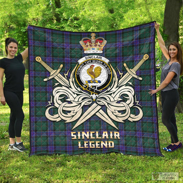 Sinclair Hunting Modern Tartan Quilt with Clan Crest and the Golden Sword of Courageous Legacy