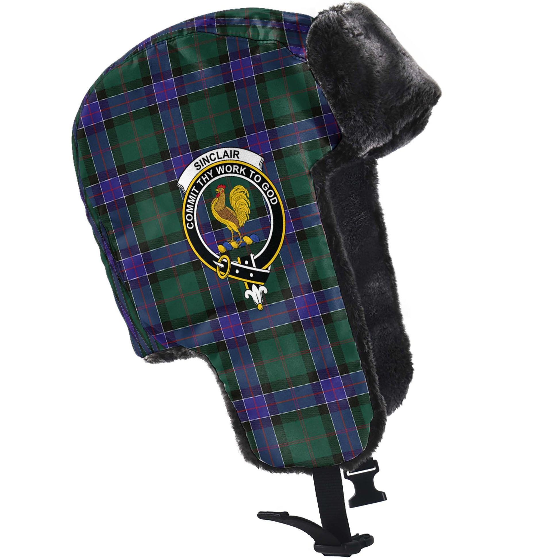 Sinclair Hunting Modern Tartan Winter Trapper Hat with Family Crest - Tartanvibesclothing