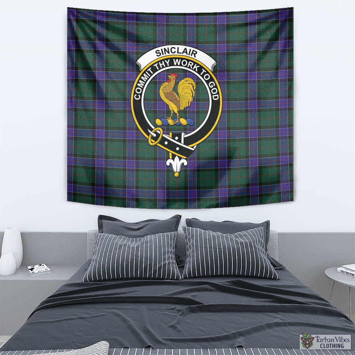 Tartan Vibes Clothing Sinclair Hunting Modern Tartan Tapestry Wall Hanging and Home Decor for Room with Family Crest