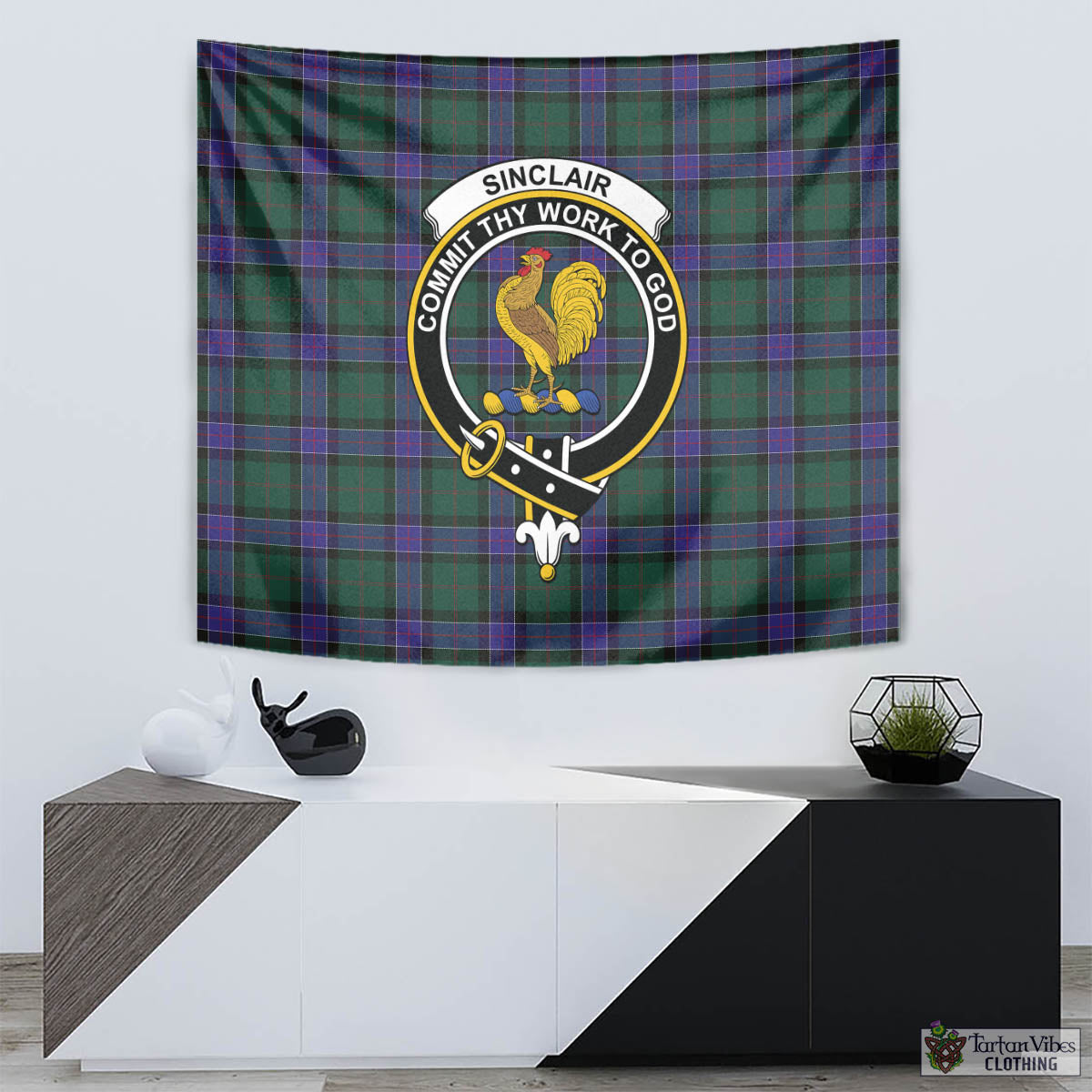 Tartan Vibes Clothing Sinclair Hunting Modern Tartan Tapestry Wall Hanging and Home Decor for Room with Family Crest