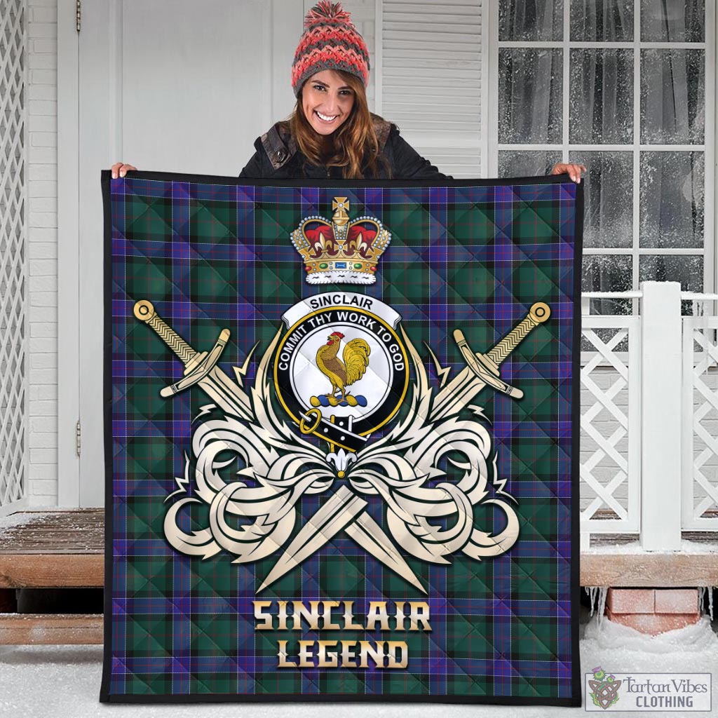 Tartan Vibes Clothing Sinclair Hunting Modern Tartan Quilt with Clan Crest and the Golden Sword of Courageous Legacy