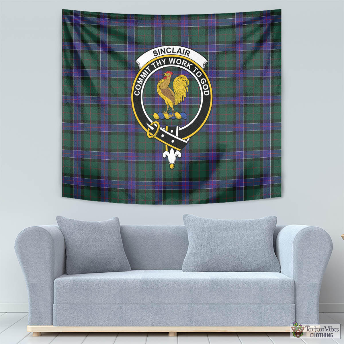 Tartan Vibes Clothing Sinclair Hunting Modern Tartan Tapestry Wall Hanging and Home Decor for Room with Family Crest