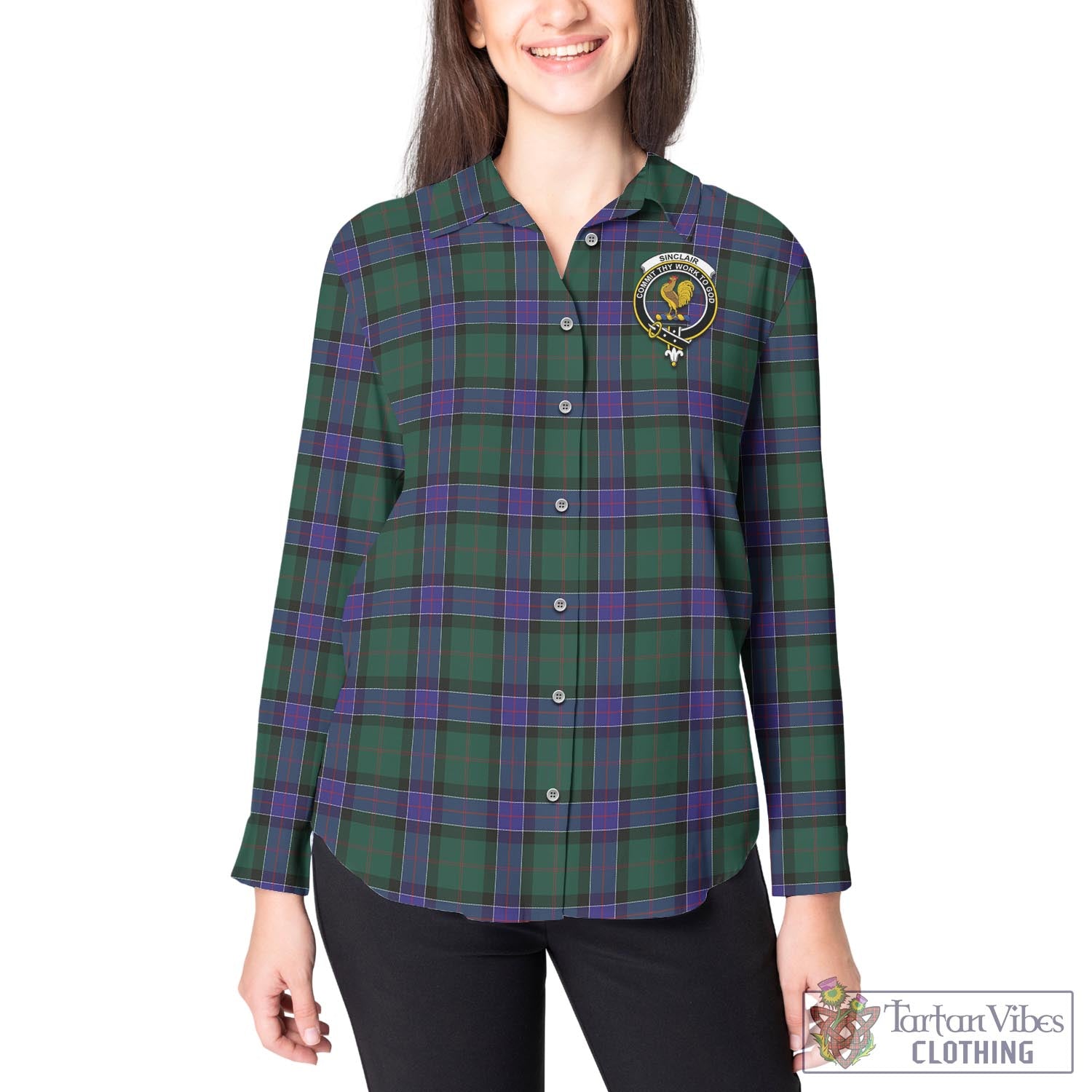 Tartan Vibes Clothing Sinclair Hunting Modern Tartan Womens Casual Shirt with Family Crest