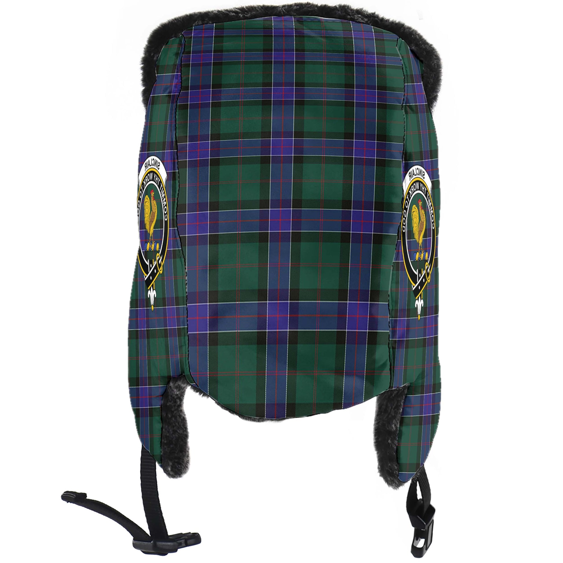 Sinclair Hunting Modern Tartan Winter Trapper Hat with Family Crest - Tartanvibesclothing