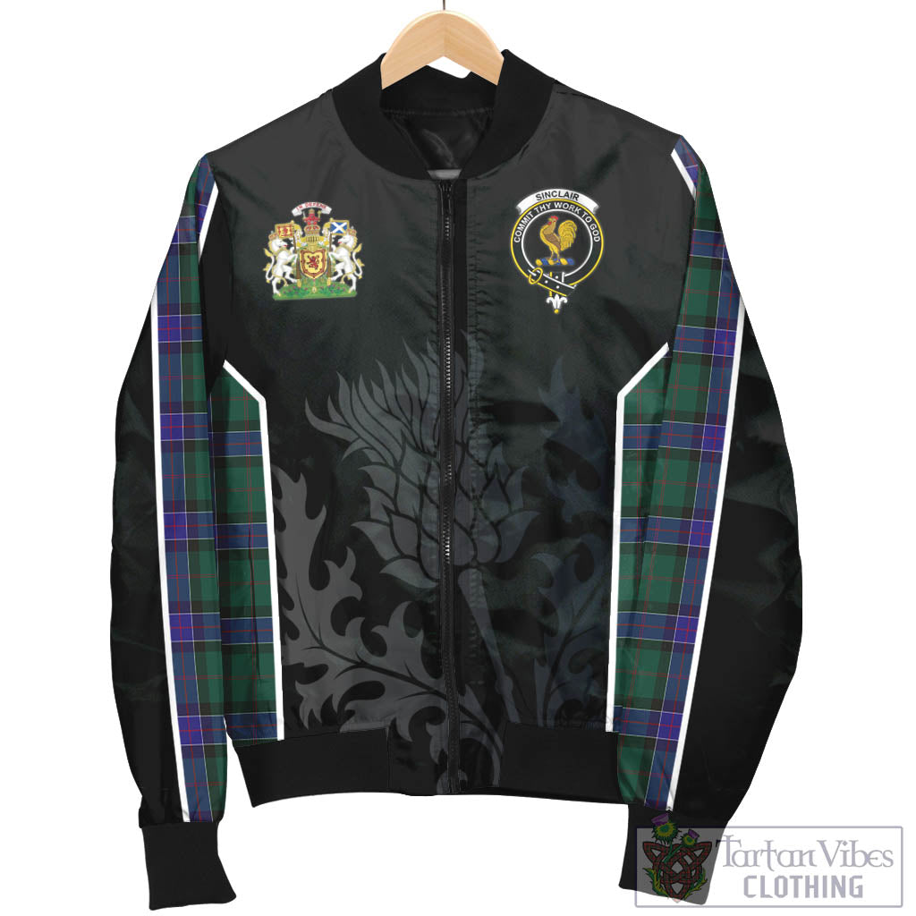 Tartan Vibes Clothing Sinclair Hunting Modern Tartan Bomber Jacket with Family Crest and Scottish Thistle Vibes Sport Style