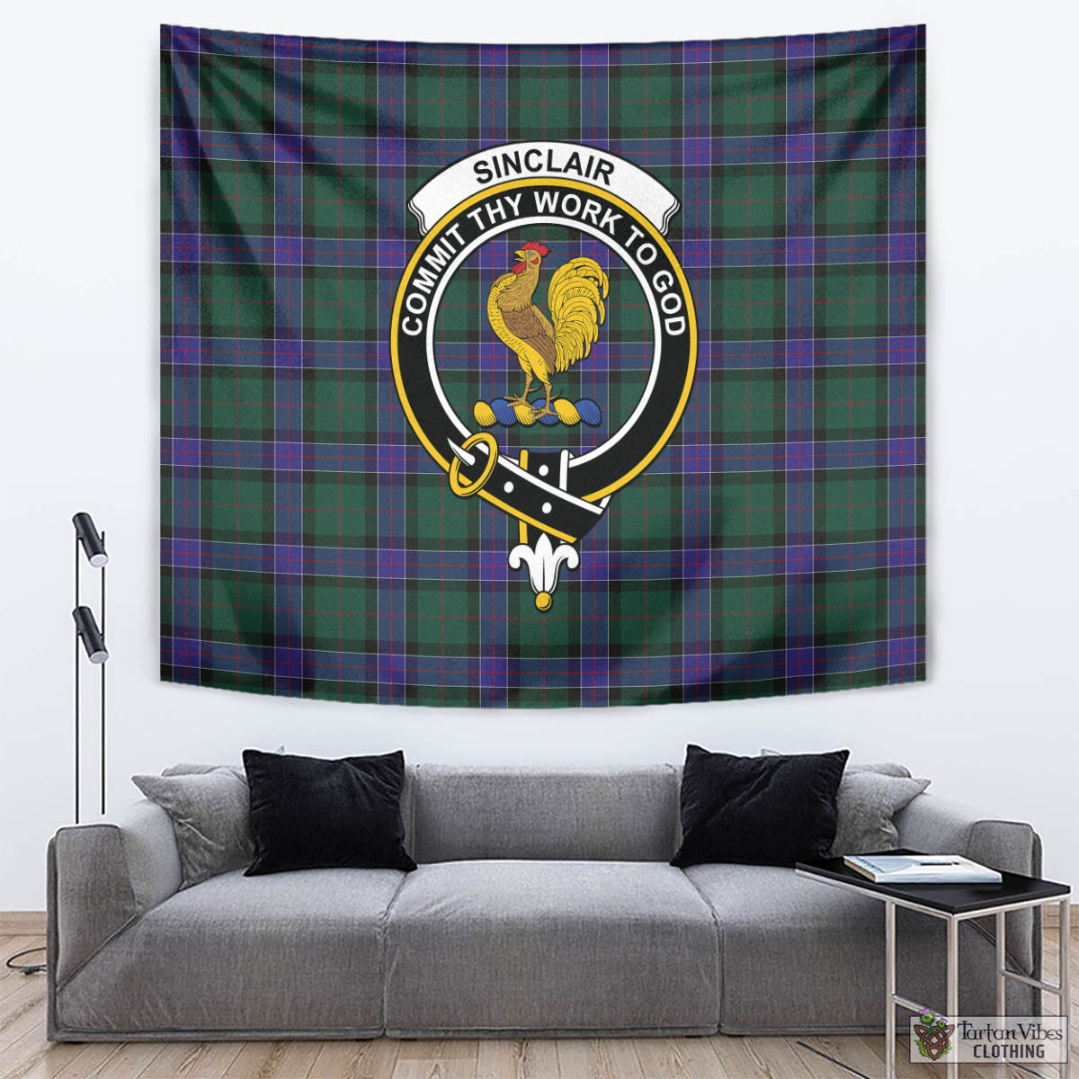 Tartan Vibes Clothing Sinclair Hunting Modern Tartan Tapestry Wall Hanging and Home Decor for Room with Family Crest