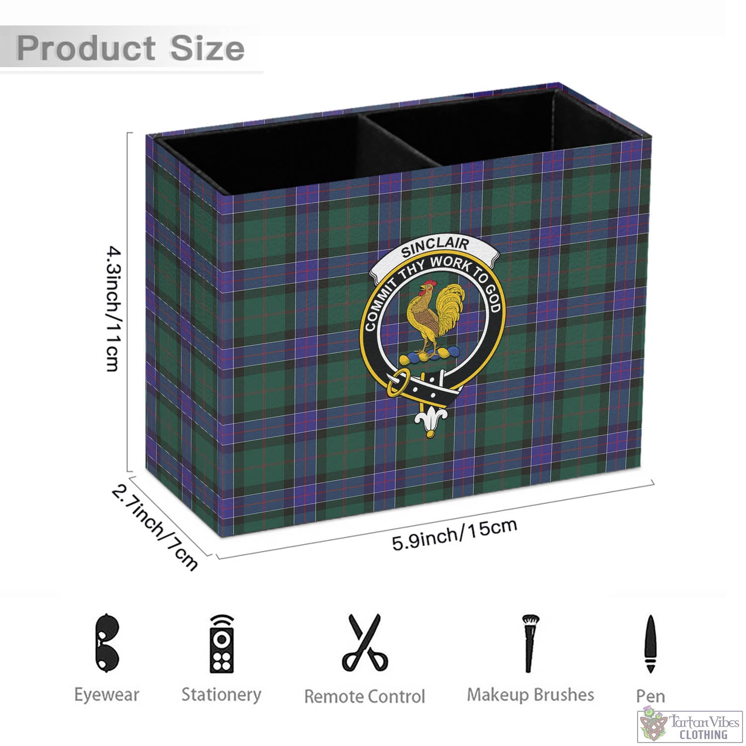 Tartan Vibes Clothing Sinclair Hunting Modern Tartan Pen Holder with Family Crest