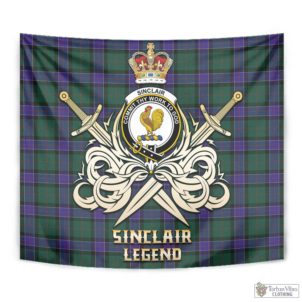 Tartan Vibes Clothing Sinclair Hunting Modern Tartan Tapestry with Clan Crest and the Golden Sword of Courageous Legacy