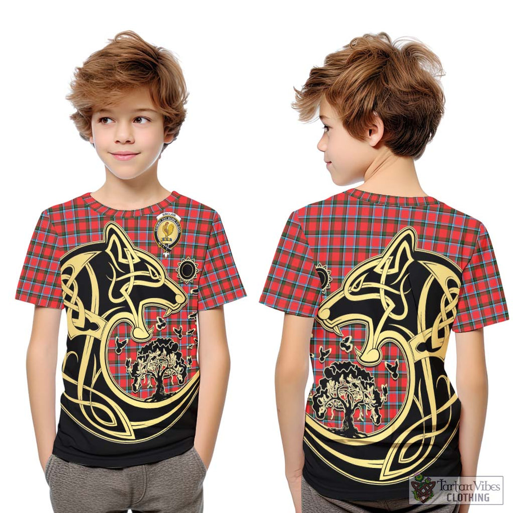 Sinclair Modern Tartan Kid T-Shirt with Family Crest Celtic Wolf Style Youth XL Size14 - Tartan Vibes Clothing