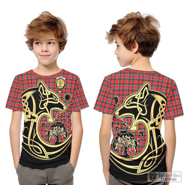 Sinclair Modern Tartan Kid T-Shirt with Family Crest Celtic Wolf Style