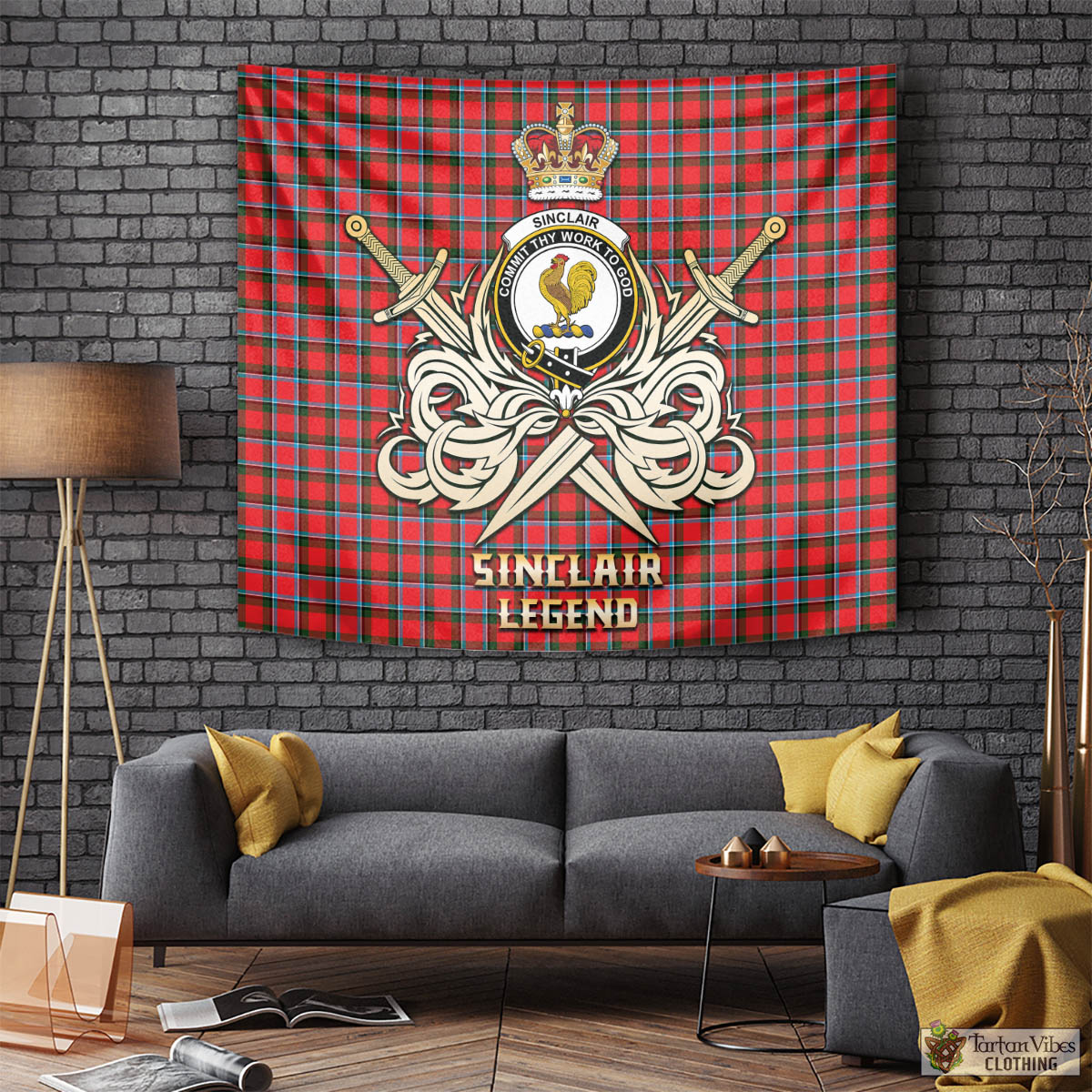 Tartan Vibes Clothing Sinclair Modern Tartan Tapestry with Clan Crest and the Golden Sword of Courageous Legacy