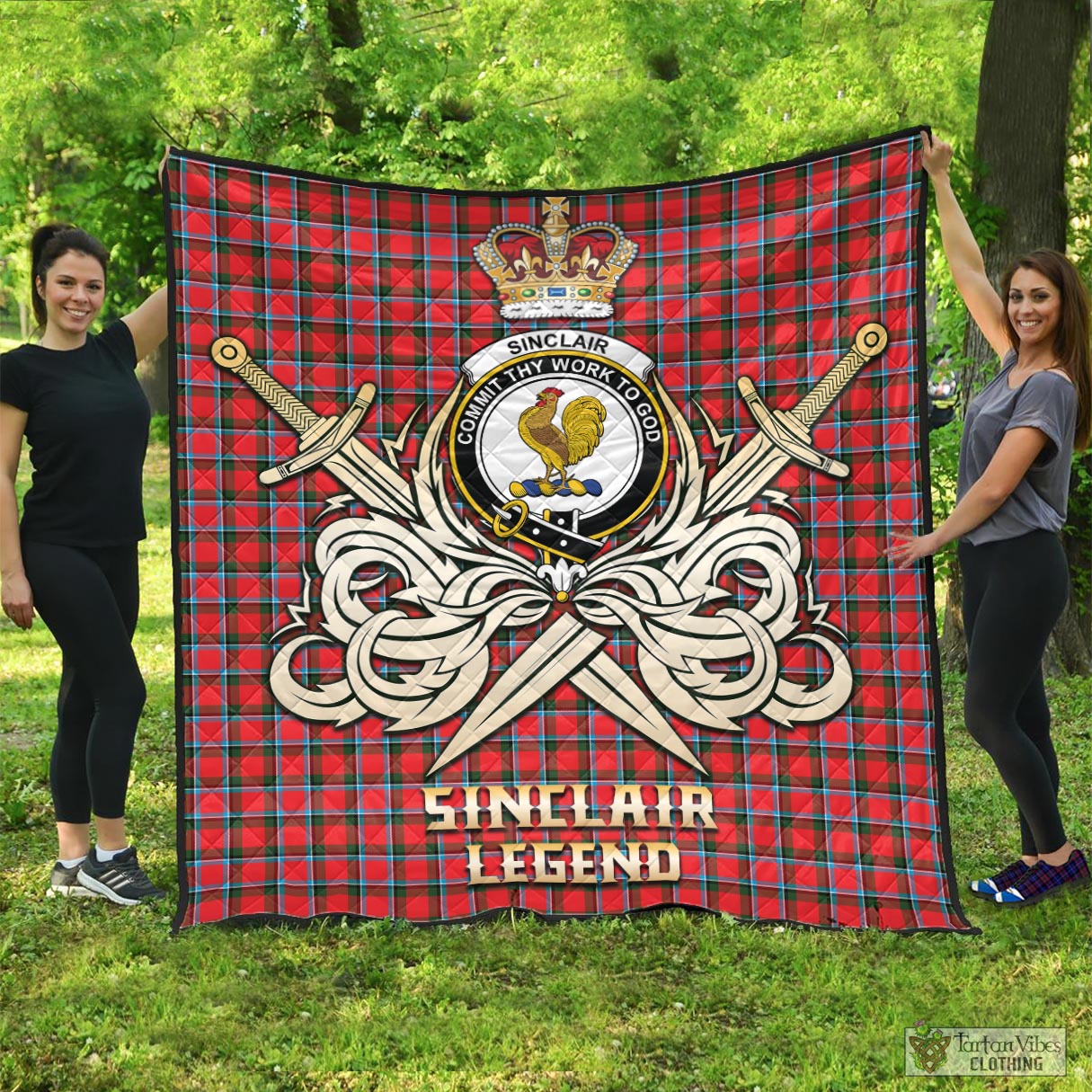 Tartan Vibes Clothing Sinclair Modern Tartan Quilt with Clan Crest and the Golden Sword of Courageous Legacy