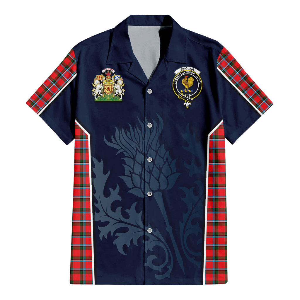 Tartan Vibes Clothing Sinclair Modern Tartan Short Sleeve Button Up Shirt with Family Crest and Scottish Thistle Vibes Sport Style