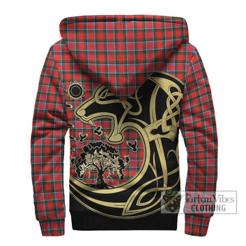 Sinclair Modern Tartan Sherpa Hoodie with Family Crest Celtic Wolf Style