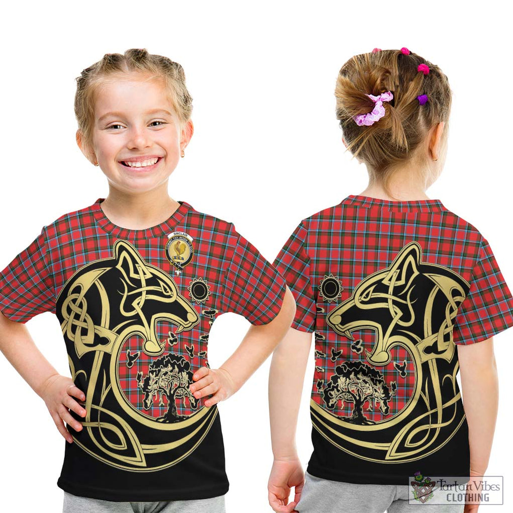 Sinclair Modern Tartan Kid T-Shirt with Family Crest Celtic Wolf Style - Tartan Vibes Clothing