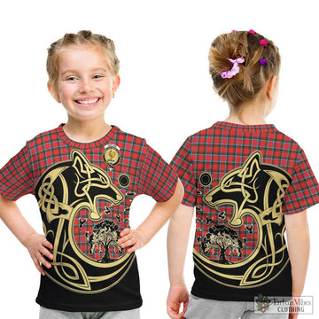 Sinclair Modern Tartan Kid T-Shirt with Family Crest Celtic Wolf Style