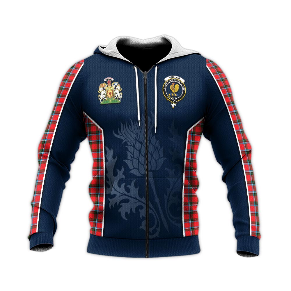 Tartan Vibes Clothing Sinclair Modern Tartan Knitted Hoodie with Family Crest and Scottish Thistle Vibes Sport Style