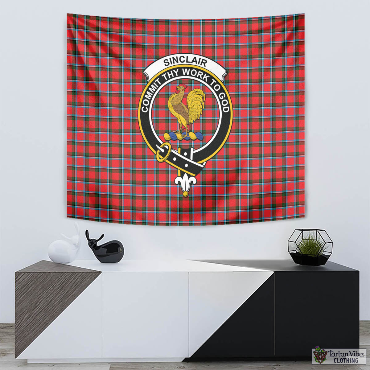 Tartan Vibes Clothing Sinclair Modern Tartan Tapestry Wall Hanging and Home Decor for Room with Family Crest