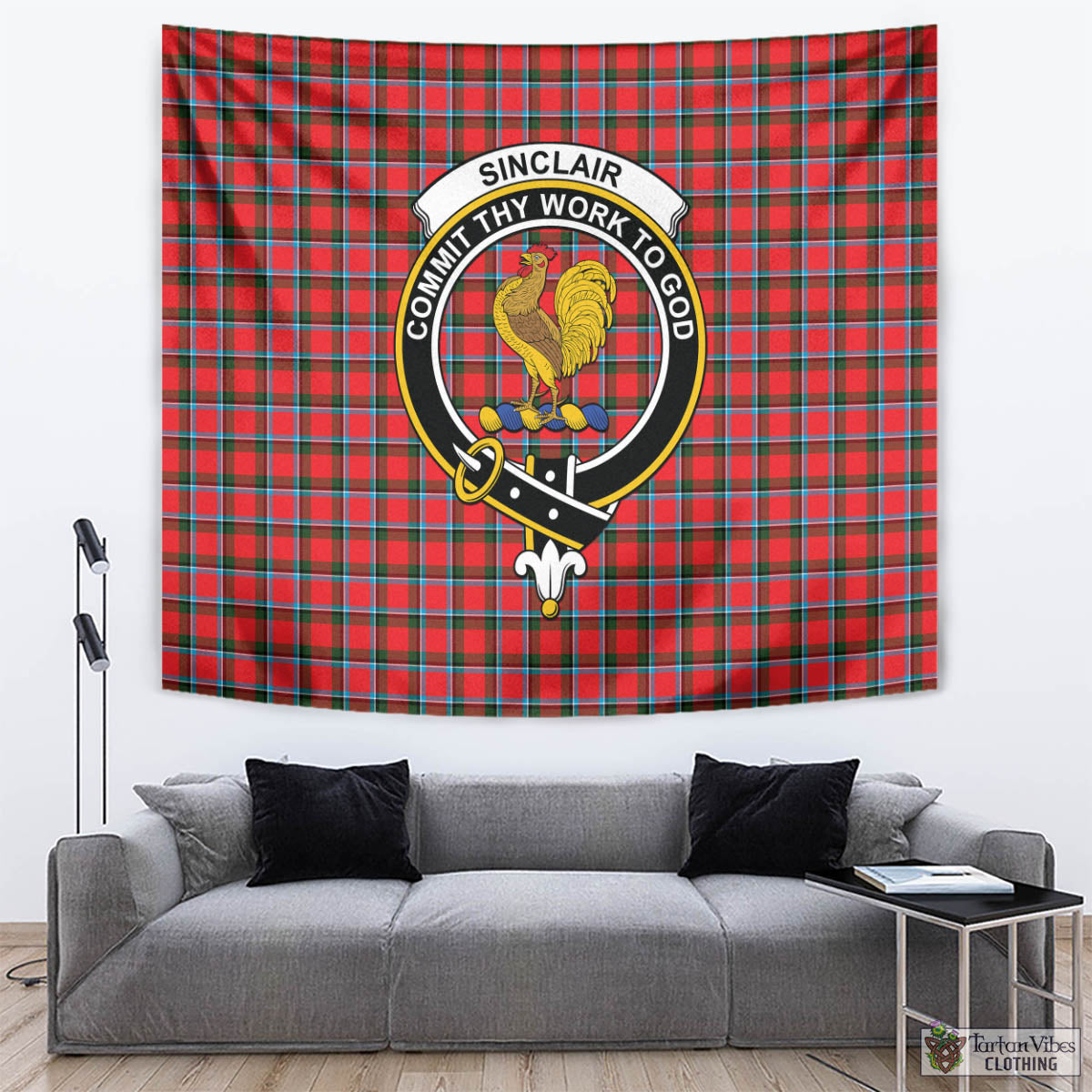 Tartan Vibes Clothing Sinclair Modern Tartan Tapestry Wall Hanging and Home Decor for Room with Family Crest