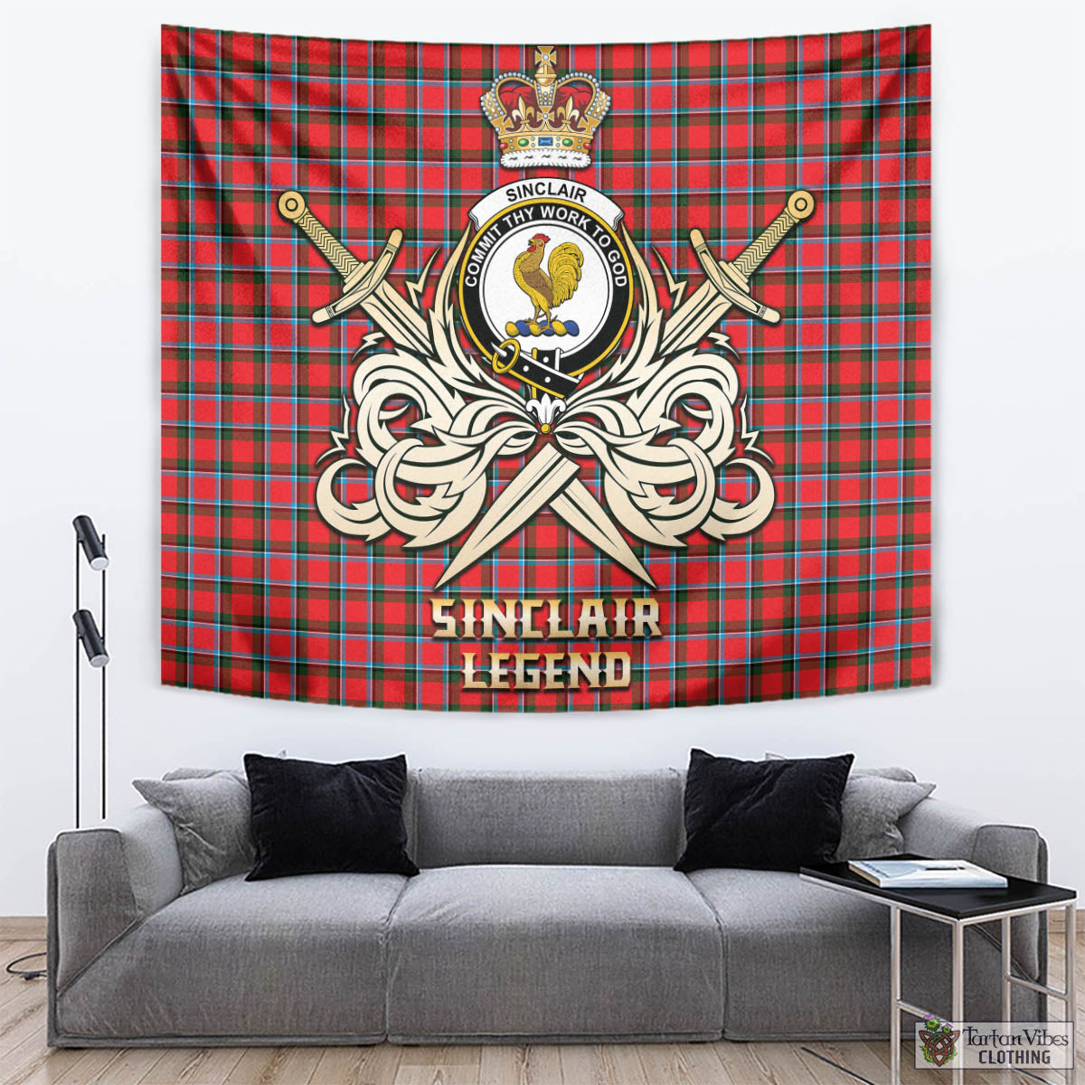 Tartan Vibes Clothing Sinclair Modern Tartan Tapestry with Clan Crest and the Golden Sword of Courageous Legacy