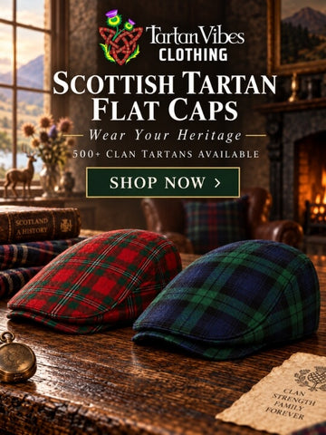 Scottish tartan flat caps in red, green and navy clan patterns displayed in a traditional Scottish heritage interior by Tartan Vibes Clothing