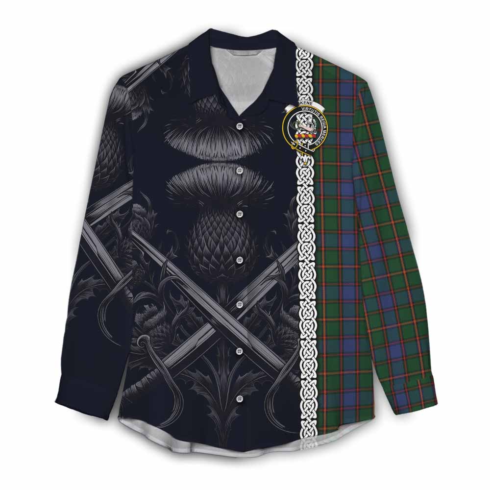 Tartan Vibes Clothing Skene Tartan Women's Casual Shirt with Family Crest Cross Sword Thistle Celtic Vibes