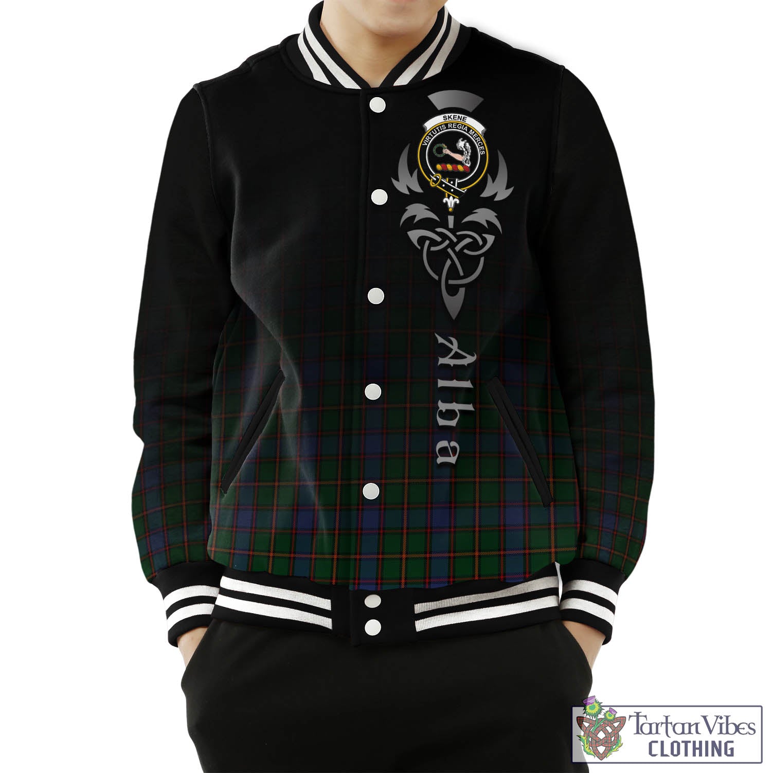 Tartan Vibes Clothing Skene Tartan Baseball Jacket Featuring Alba Gu Brath Family Crest Celtic Inspired