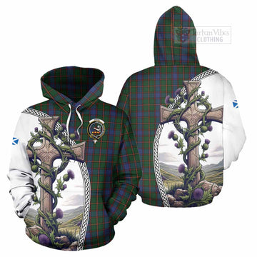 Skene Tartan Hoodie with Family Crest and St. Andrew's Cross Accented by Thistle Vines