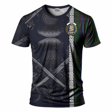 Skene Tartan T-Shirt with Family Crest Cross Sword Thistle Celtic Vibes