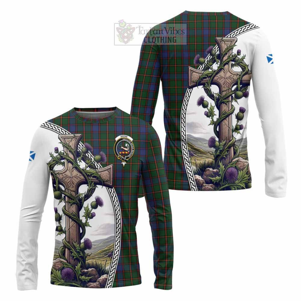 Tartan Vibes Clothing Skene Tartan Long Sleeve T-Shirt with Family Crest and St. Andrew's Cross Accented by Thistle Vines