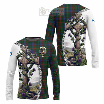 Skene Tartan Long Sleeve T-Shirt with Family Crest and St. Andrew's Cross Accented by Thistle Vines