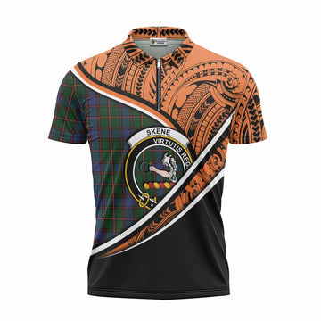 Skene Crest Tartan Zipper Polo Shirt with Polynesian Vibes Style - Orange Version